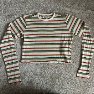 Billabong Green and Coral Tommy Striped Long Sleeve Cropped T-Shirt